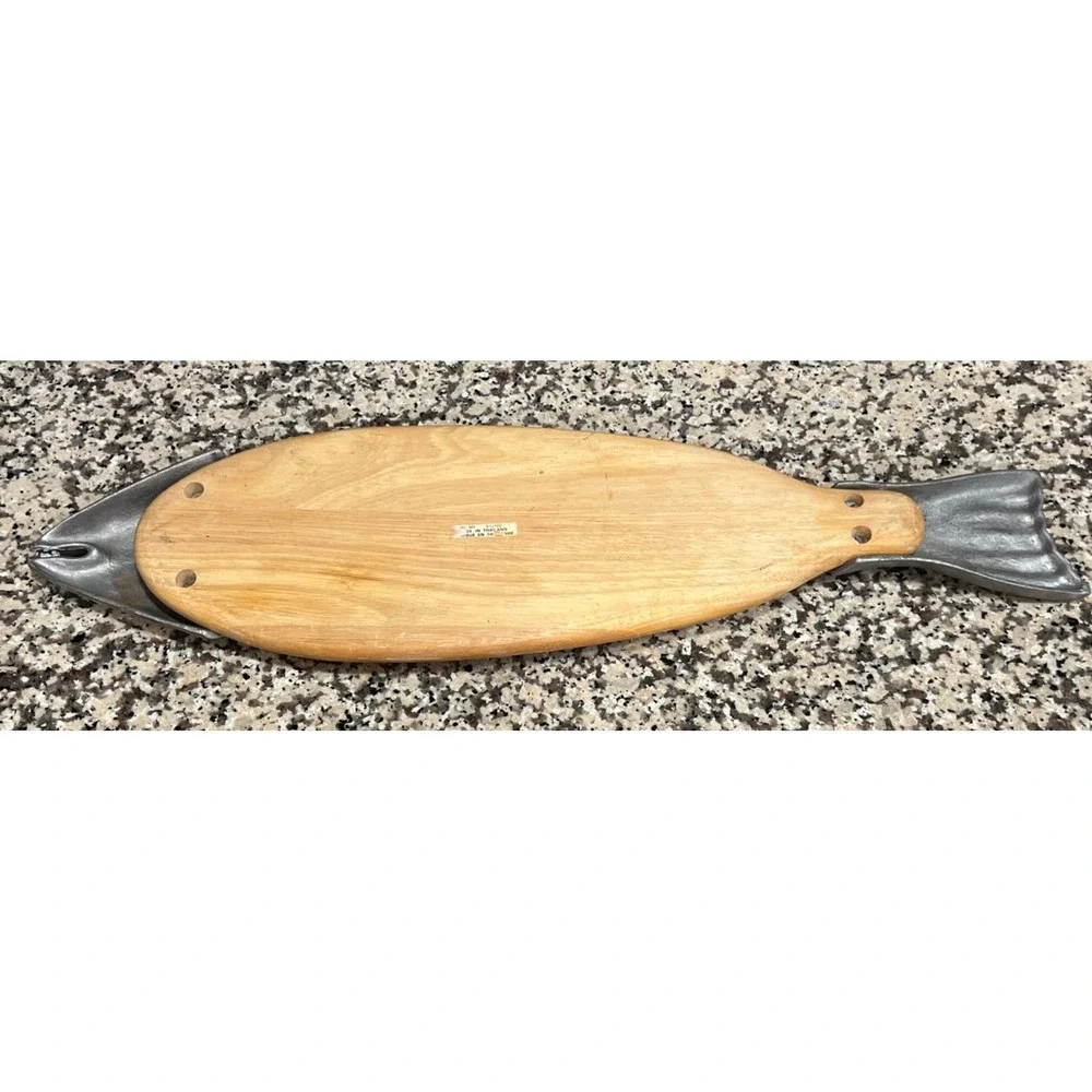 Vtg. Wood Metal Salmon Fish Tray Charcuterie Platter Board Made In Thailand